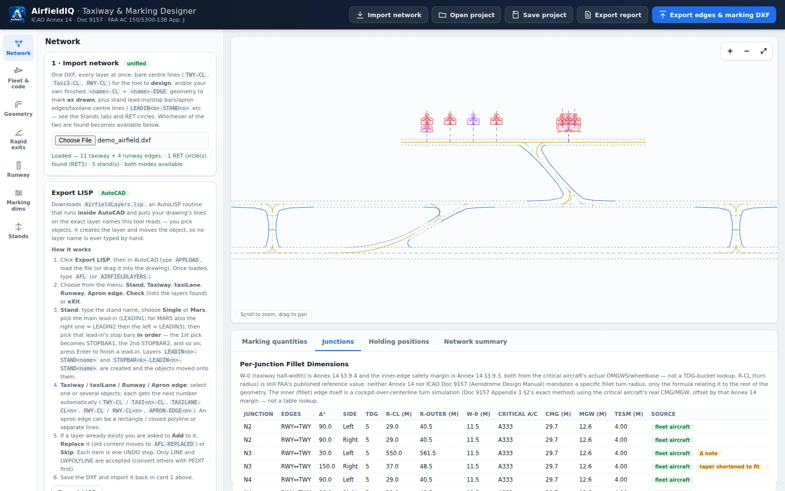 AirfieldIQ network import and junction fillet dimensions table