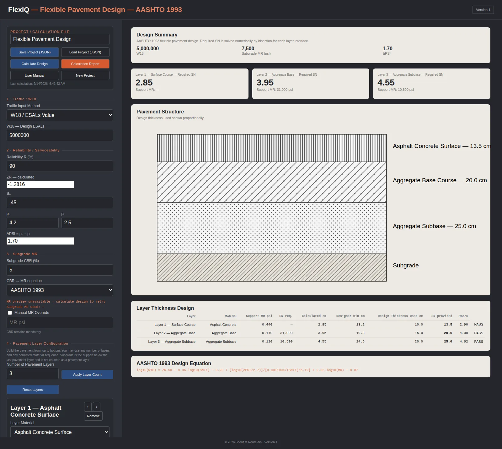 FlexiQ design summary, pavement structure, and layer thickness table