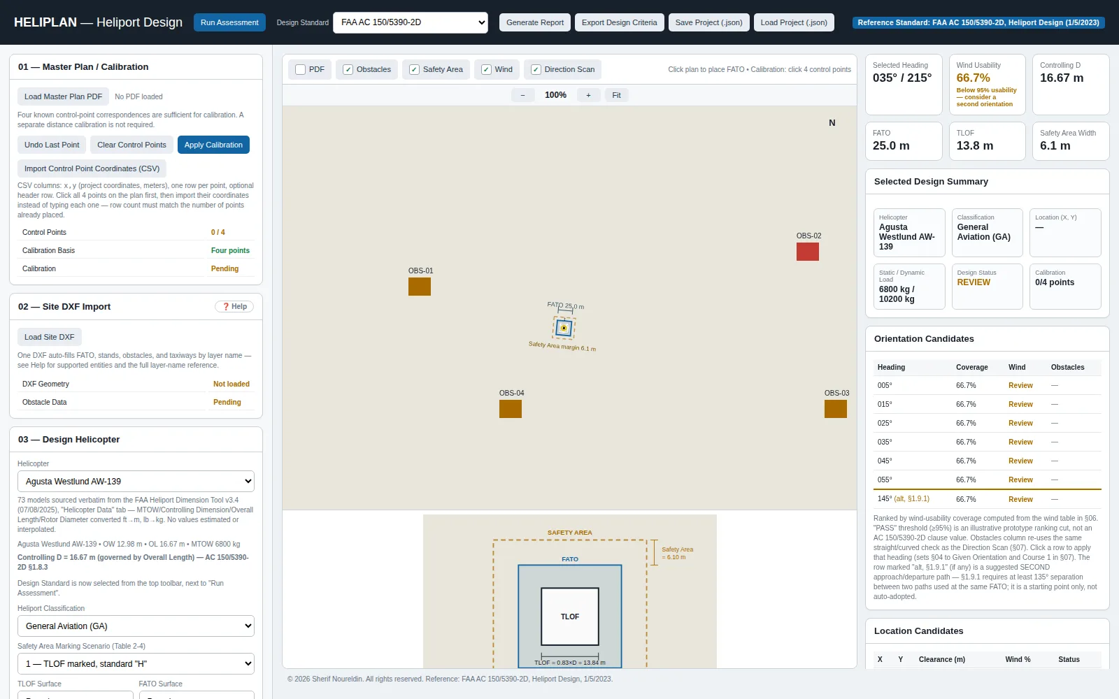 HeliPlanIQ layout, calibration, and orientation candidates panel
