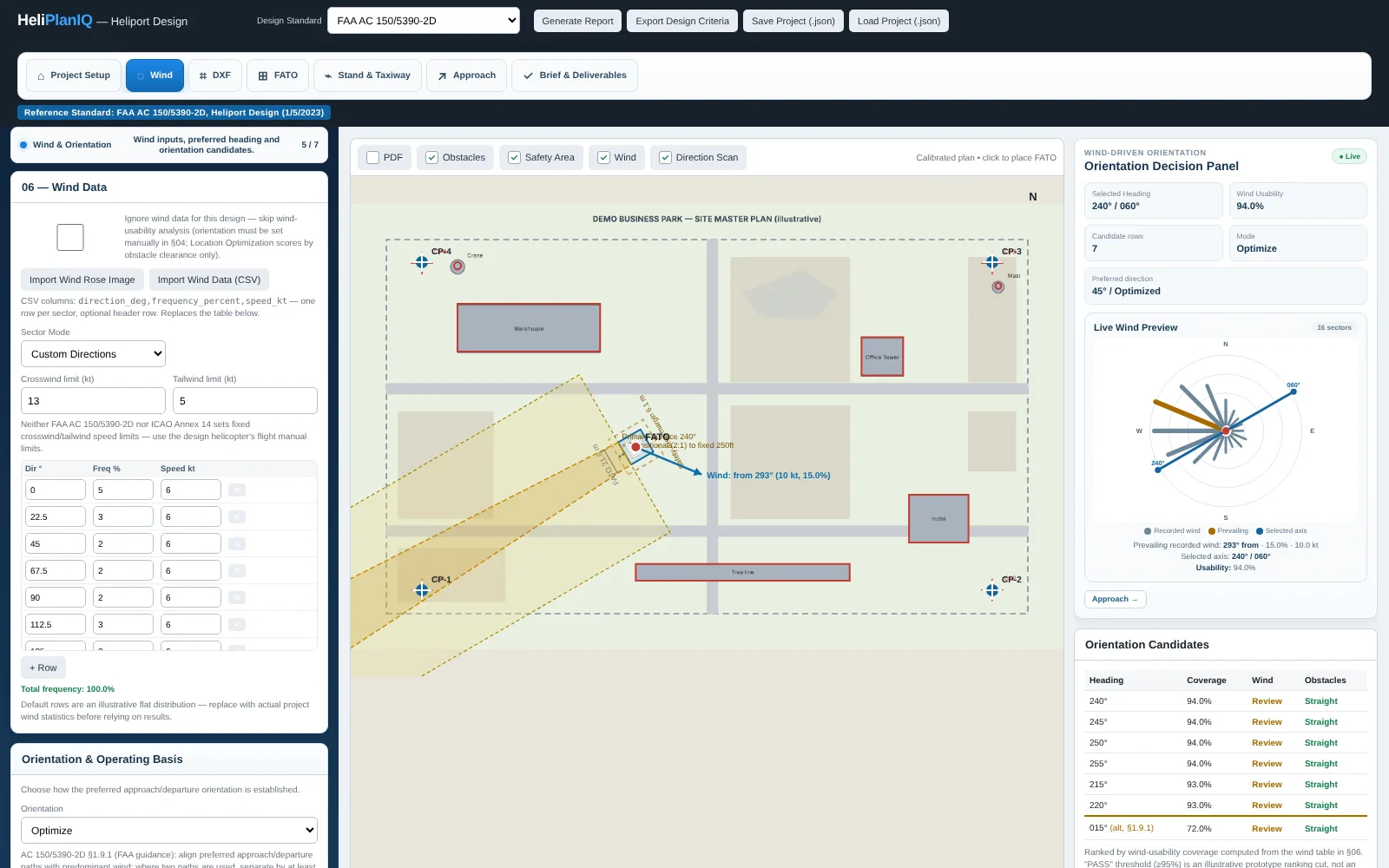 HeliPlanIQ wind rose, orientation decision panel and ranked orientation candidates